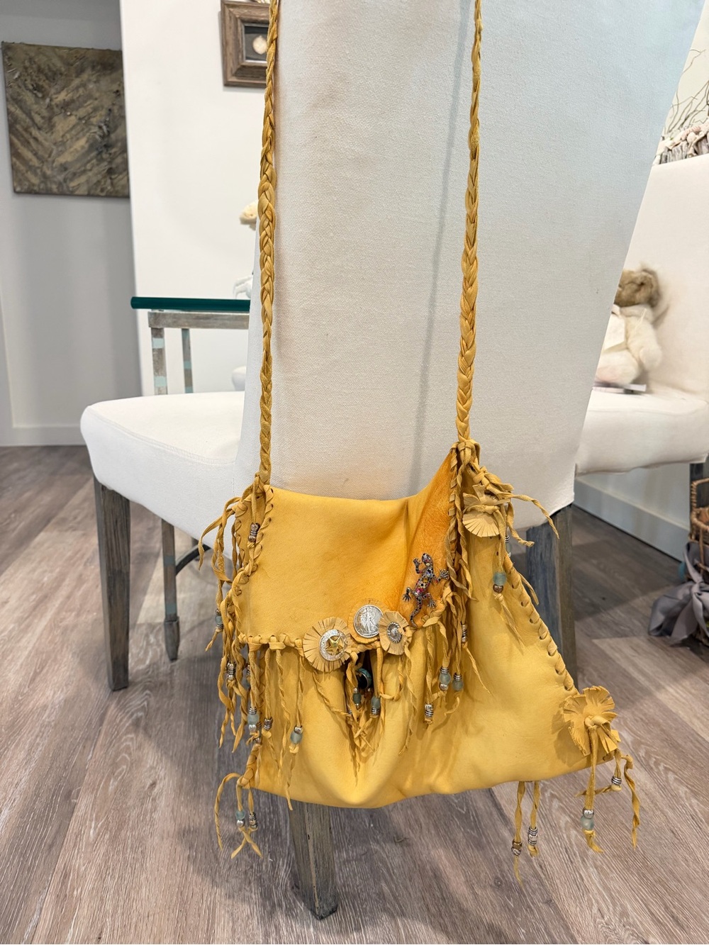 Handcrafted Camel Color Cowhide, Fringe Shoulder Bag, glass beads,Silverconchos